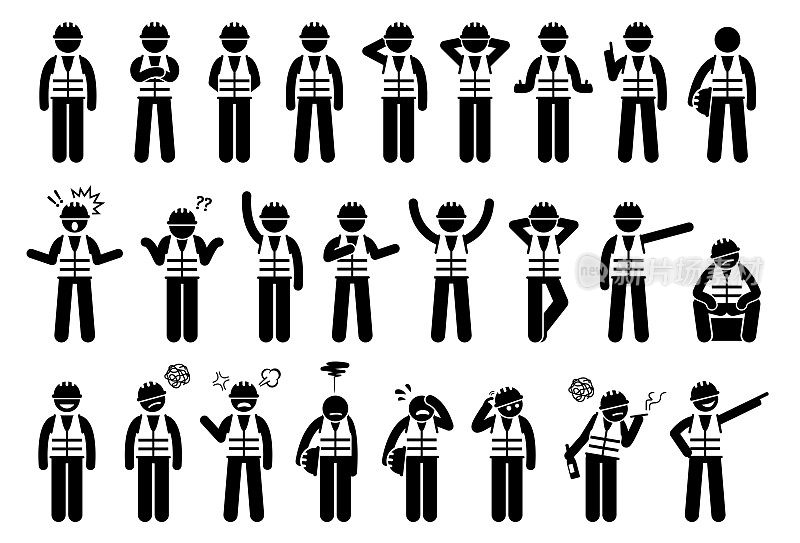 Industrial workers feelings, emotions, and actions icons set.